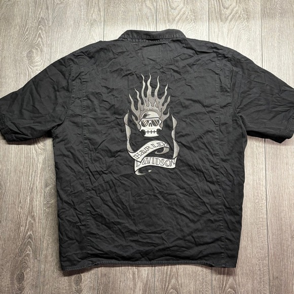 Harley-Davidson Other - Harley-Davidson Mens 3XL Black Embroidered Flaming Skull Short Sleeve Work Shirt